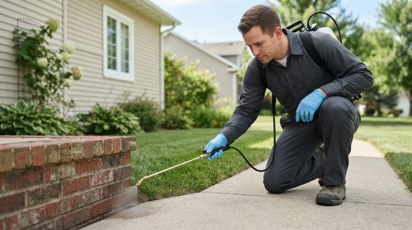 Pest control technician treating a home near Delco, NC